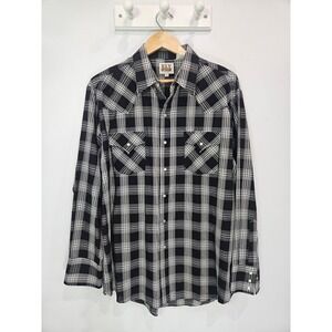 Ely Cattleman Mens XL Black White Plaid Western Pearl Snap Long Sleeve Shirt